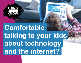 Child lying on couch looking at iPad with text "Comfortable talking to your kids about technology and the internet?" overtop