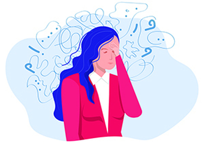 Illustration of a woman with a hand on the forehead with lines, dots and squiggles above her head indicating confused emotions